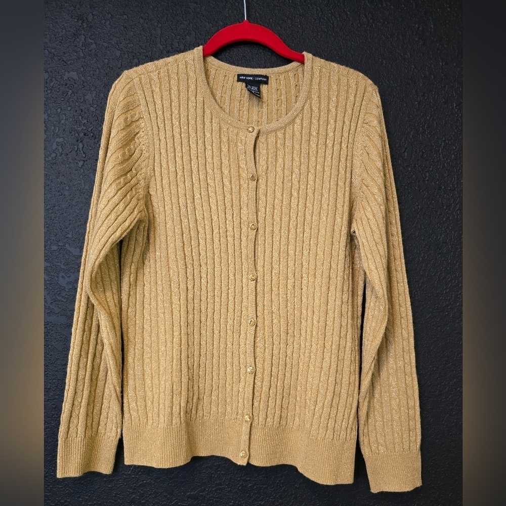 New York & Company Button Down Embroidered Sweater Color Gold Size Medium